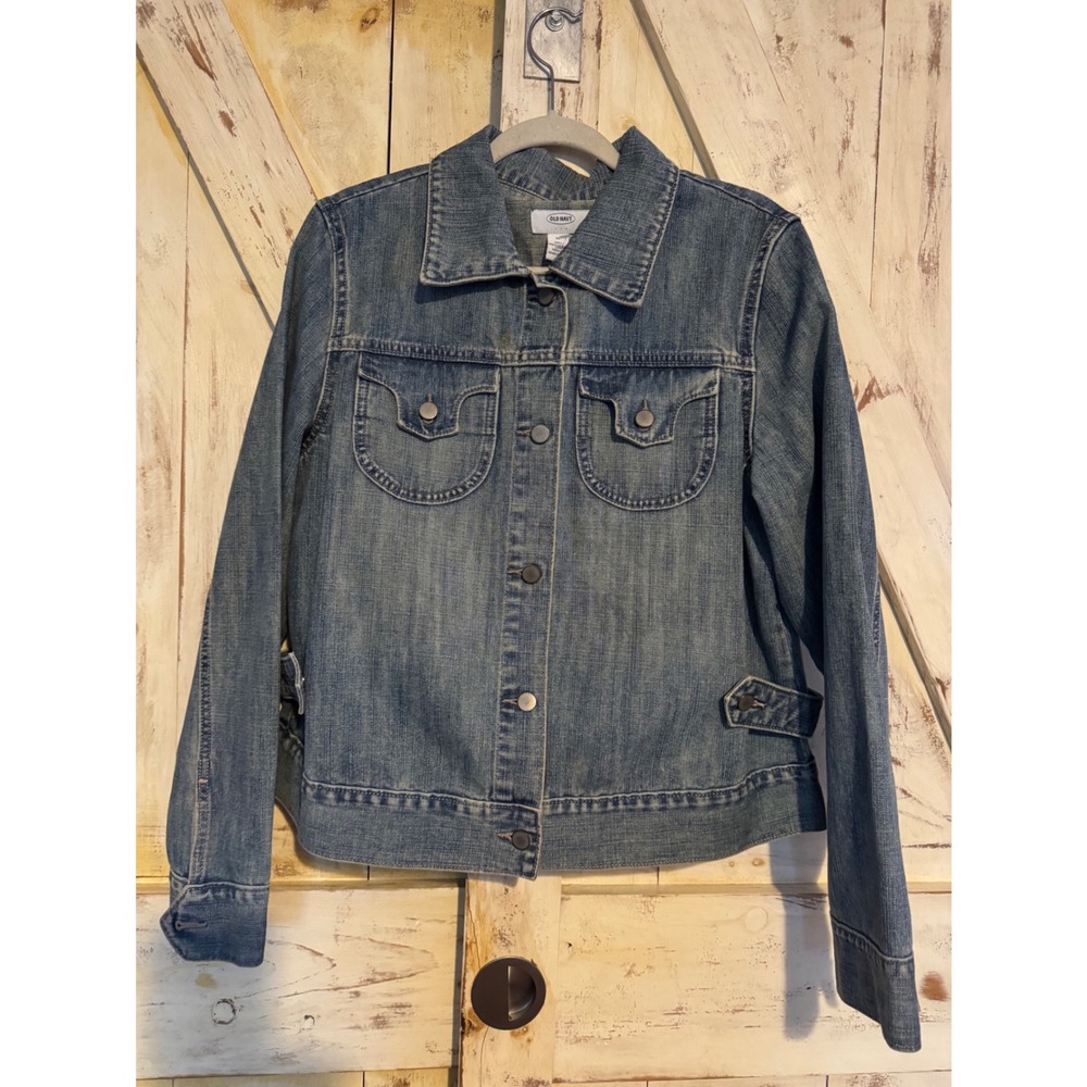 Old Navy Denim Jacket Womens Size XL Cotton Cropped Distressed Button Tab Waist